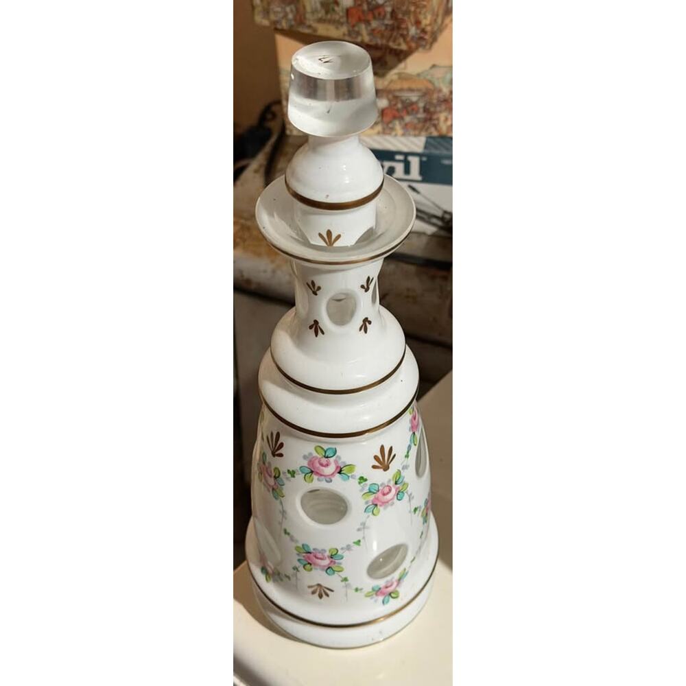 Vintage Bohemian glass decanter white opaline overlay,hand-painted pink, green